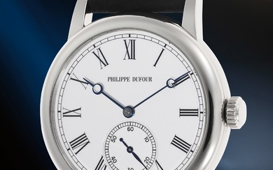Philippe Dufour, A lavishly hand-finished, highly coveted, and extremely well-preserved white gold wristwatch with white lacquer dial, certificate, and presentation box, numbered 70
