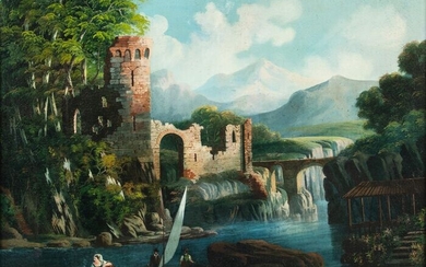 Pittore italiano (XVIII-XIX secolo) - Paesaggio fluviale con rovine