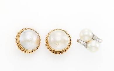 Platinum, Cultured Pearl and Diamond Bypass Ring and Pair of Gold and Mabé Pearl Earclips