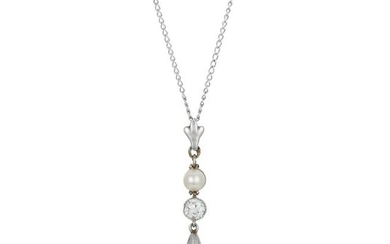 Platinum, Opal, Diamond and Pearl Pendant and Silver Chain