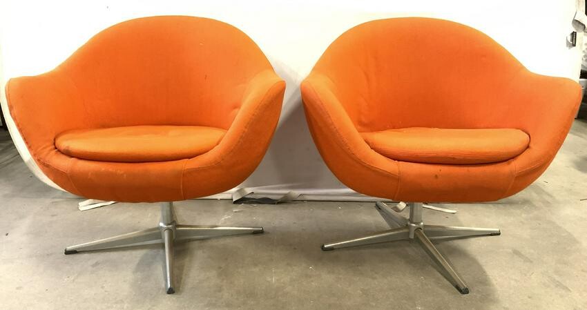 Pr Orange Mid Century Modern Swivel Chairs