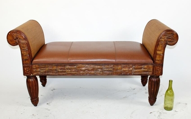 Pulaski leather and rattan rolled arm bench