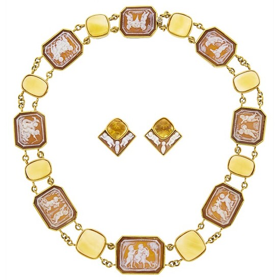 Puttini Capri Gold, Shell Cameo and Cabochon Citrine Necklace and Pair of Earrings