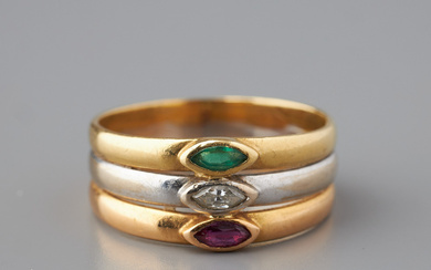 RING, marquise cut diamond, emerald and ruby, 18K gold and white gold.