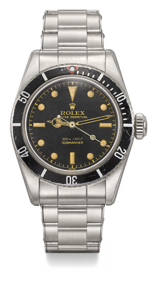 ROLEX. A VERY RARE STAINLESS STEEL AUTOMATIC WRISTWATCH WITH SWEEP CENTRE SECONDS AND “BIG LOGO” BRACELET, SIGNED ROLEX, OYSTER PERPETUAL, SUBMARINER, 200M=660FT, REF. 5510, CASE NO. 362’289, CIRCA 1958