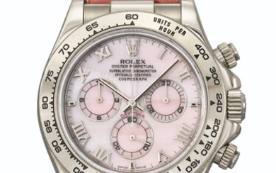 ROLEX. AN ATTRACTIVE 18K WHITE GOLD AUTOMATIC CHRONOGRAPH WRISTWATCH WITH PINK MOTHER-OF-PEARL DIAL