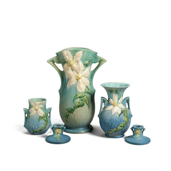 ROSEVILLE POTTERY COMPANY (ESTABLISHED 1890) Three Vases and a Pair of Candlestickscirca 1910gla...