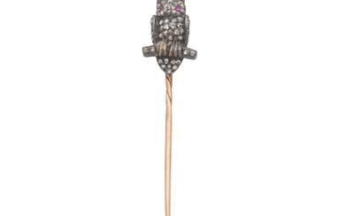 RUBY AND DIAMOND OWL STICK PIN, LATE 19TH CENTURY