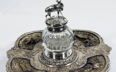 Repousse Silvered Metal Inkwell With Deer