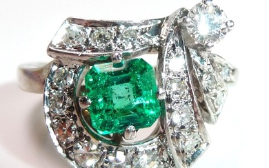 Ring - 14 kt. White gold Diamond (Natural) - Emerald