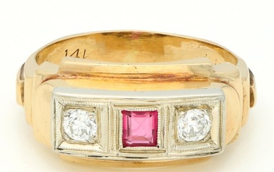 Ring - 14 kt. Yellow gold - 0.09 tw. Diamond (Natural) - Ruby