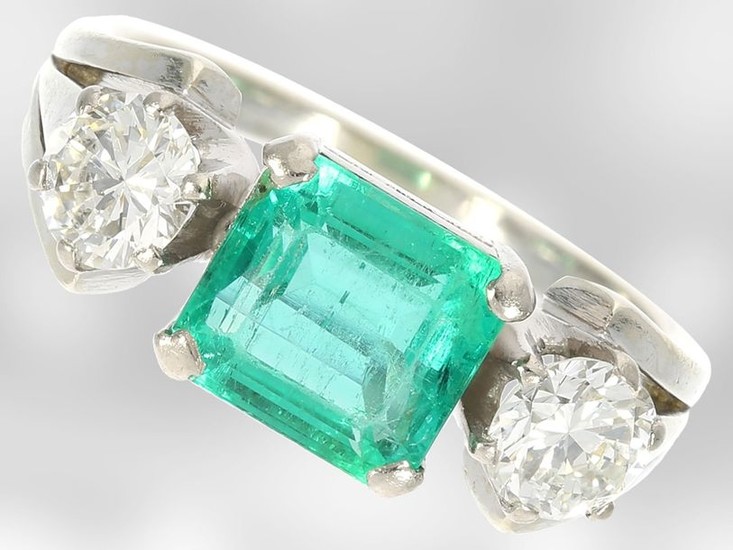 Ring: white gold vintage emerald/brilliant gold ring, emerald...