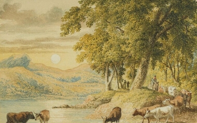 Robert Hills, OWS, British 1769-1844- The pool at evening; pencil and watercolour on paper, 14 x 19.5 cm. Provenance: with Thomas Agnew & Sons, London [no.23558]. Exhibited: London, Thomas Agnew & Sons, no.128.
