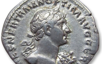 Roman Empire - AR denarius, Trajan / Trajanus - scarce bare bust variety with aegis - Rome 116-117 A.D. - PARTHICO P M TR P COS VI, Mars walking right - Silver