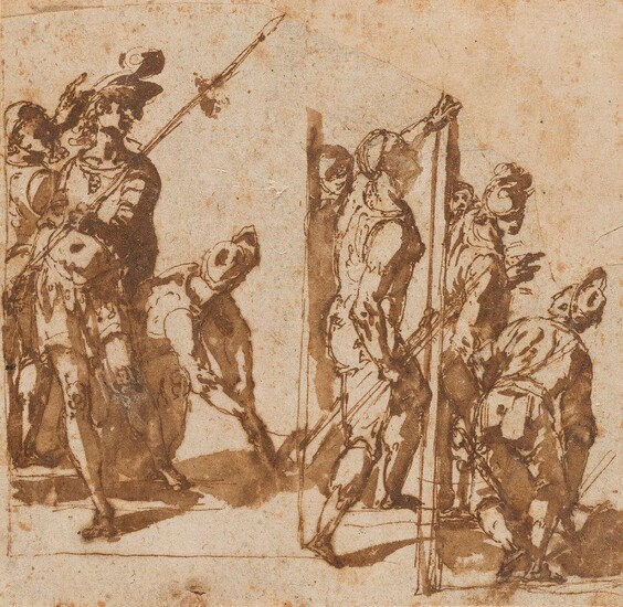 Roman School, late 16th century- A group of soldiers in classical dress; black chalk, pen and brown ink and brown wash on paper, bears inscription 'C. Procaccini' (lower centre of mount), 16 x 16.5 cm. Provenance: Anon. sale, Sotheby's, London, 5...