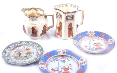 Royal Doulton series ware jugs, Monk design, three plates.