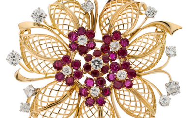 Ruby, Diamond, Gold Brooch The brooch features round-cut rubies...