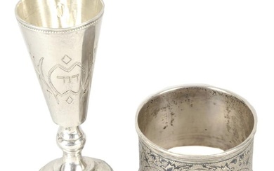 Russian silver shot cup; together with a napkin ring. (2).