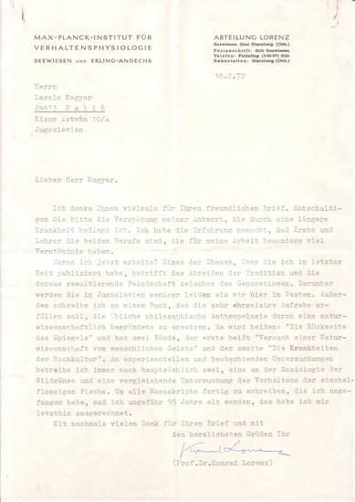(SCIENTISTS.) LORENZ, KONRAD. Typed Letter Signed, to László Magyar, in German, apologizing for...