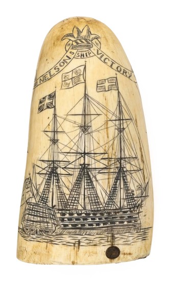 SCRIMSHAW WHALE'S TOOTH DEPICTING "NELSONS SHIP VICTORY"ATTRIBUTED TO W. HILL Titled in banner that loops around a crown. The Victor..