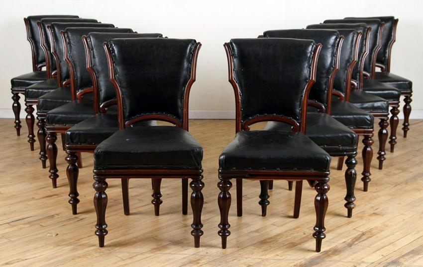 SET 12 WILLIAM IV STYLE WALNUT LEATHER DINING CHAIRS