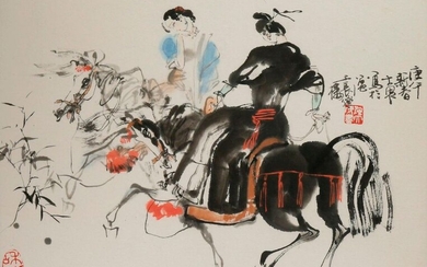 SHI DAWEI (1950-) FIGURES ON HORSEBACK A Chinese painting, ink...