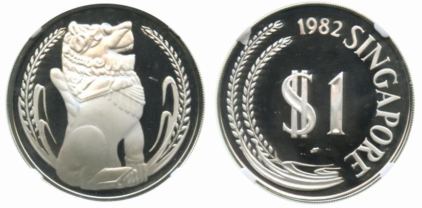 SINGAPORE Silver Merlion Dollar 1982SM. NGC PF69UC