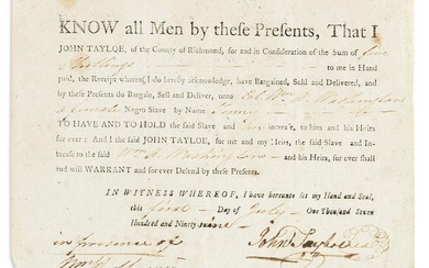 (SLAVERY & ABOLITION.) Receipt for the sale of an enslaved woman named Jenny to George Washington's