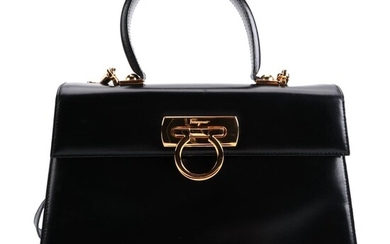 Salvatore Ferragamo Gancini Black Glazed Leather Two-Way Top Handle Bag