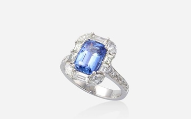 Sapphire, diamond, and platinum ring