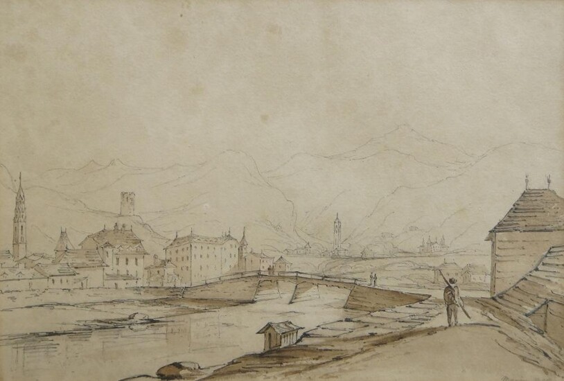 Sarah Grace Carr, British 1794-1837- The Bridge; pencil and brown ink on paper, inscribed and dated 'Maran Oct 12' (lower right), inscribed with the artist's name to the reverse of the frame, 22.7 x 34.4 cm. Provenance: with Thos Agnew & Sons...