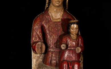 Sculpture romane de la Vierge trônant avec l'Enfant, école romane italienne du début du Moyen...