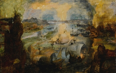 Seascape with ships and a burning city, Follower of Pieter Bruegel the Elder