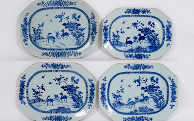 Series of four eighteenth century Chinese octogonal bowls in porcelain with blue-white decor with deer in landscape - widths from 31.5 to 36 cm ||set of four 18th Cent. Chinese octogonal dishes in porcelain with blue-white "deer in landscape" decor