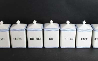Set of 7 French Sarreguemines blue & white canisters