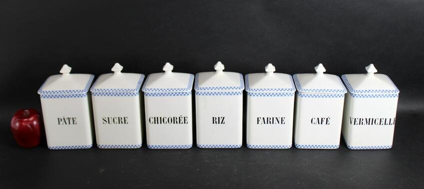 Set of 7 French Sarreguemines blue & white canisters