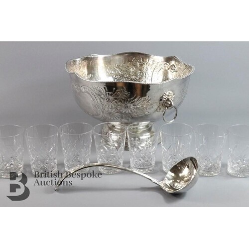 Silver plated punch bowl and ladle, chased foliate decoratio...
