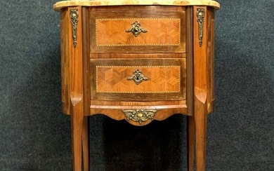 Small chest of drawers - Louis XV style - Marble, In precious wood marquetry on all sides - Late 19th century