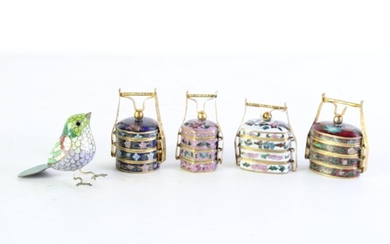 Small group of miniature cloisonne wares incl. rice carriers and bird (Average height 7cm)