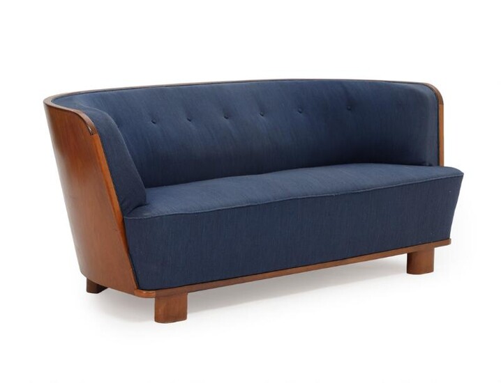SOLD. Søren Willadsen, ascribed to: Three seater sofa with mahogany frame, upholstered with blue fabric. L. 187 cm. – Bruun Rasmussen Auctioneers of Fine Art