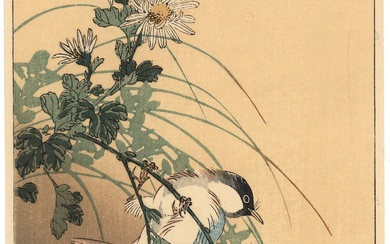 Sozan (1884-?). (Bird perched on a flowering white chrysanthemum branch)....