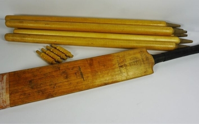 Spalding Bros "Club Match" Cricket Bat, With a set of Stumps (a lot)