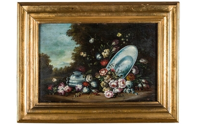 Still life with flowers and tableware