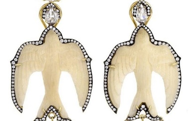 Sylva & Cie Handmade 11.10cts Diamond Tagua 18K Gold Swallow Bird Earrings