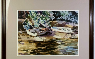 T FOUCHE SIGNED ORIGINAL WATERCOLOR ROW BOATS