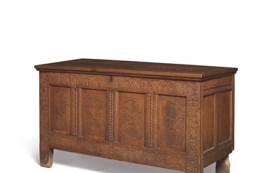THE WOLCOTT-COLTON-CORDIS FAMILY VERY RARE JOINED AND CARVED OAK CHEST, ATTRIBUTED TO THOMAS BARBER SR. (1614-1662), WINDSOR, CONNECTICUT, CIRCA 1635-1655
