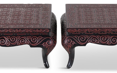 THREE JAPANESE BLACK AND RED LACQUER LOW TABLES 10 x 28 1/2 x 16 in. (25.4 x 72.4 x 40.6 cm.)