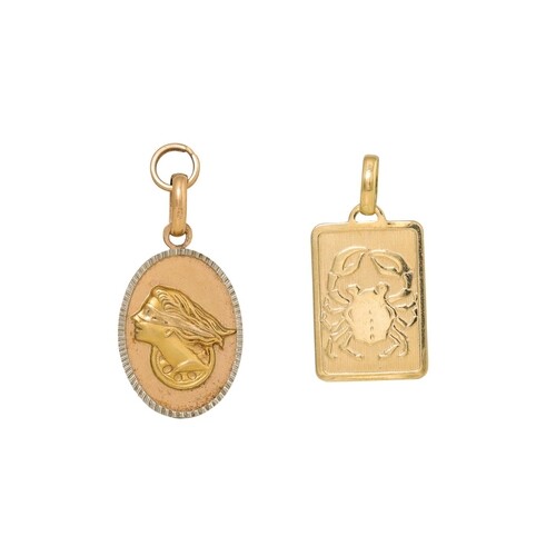 TWO 18CT YELLOW GOLD PENDANTS, ca. 10g