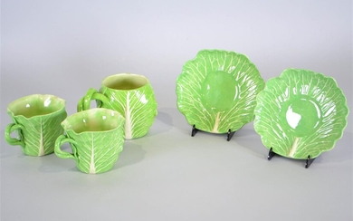 TWO DODIE THAYER LETTUCE WARE CERAMIC TEACUPS AND SAUCERS AND A MUG