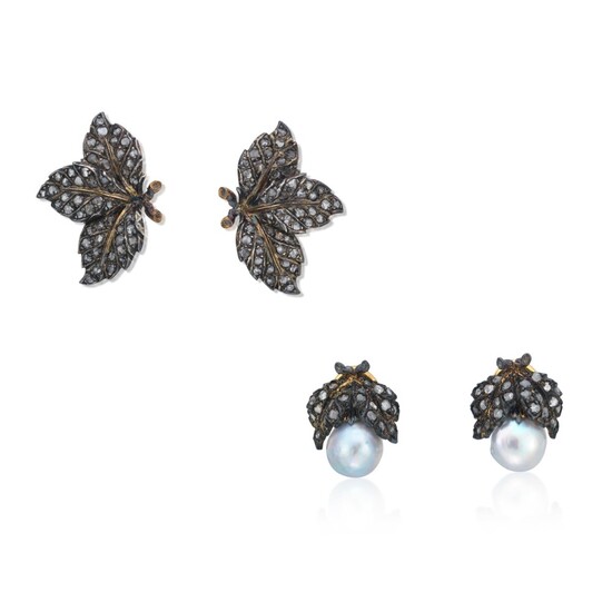 TWO PAIRS OF BUCCELLATI CULTURED PEARL AND DIAMOND EARRINGS